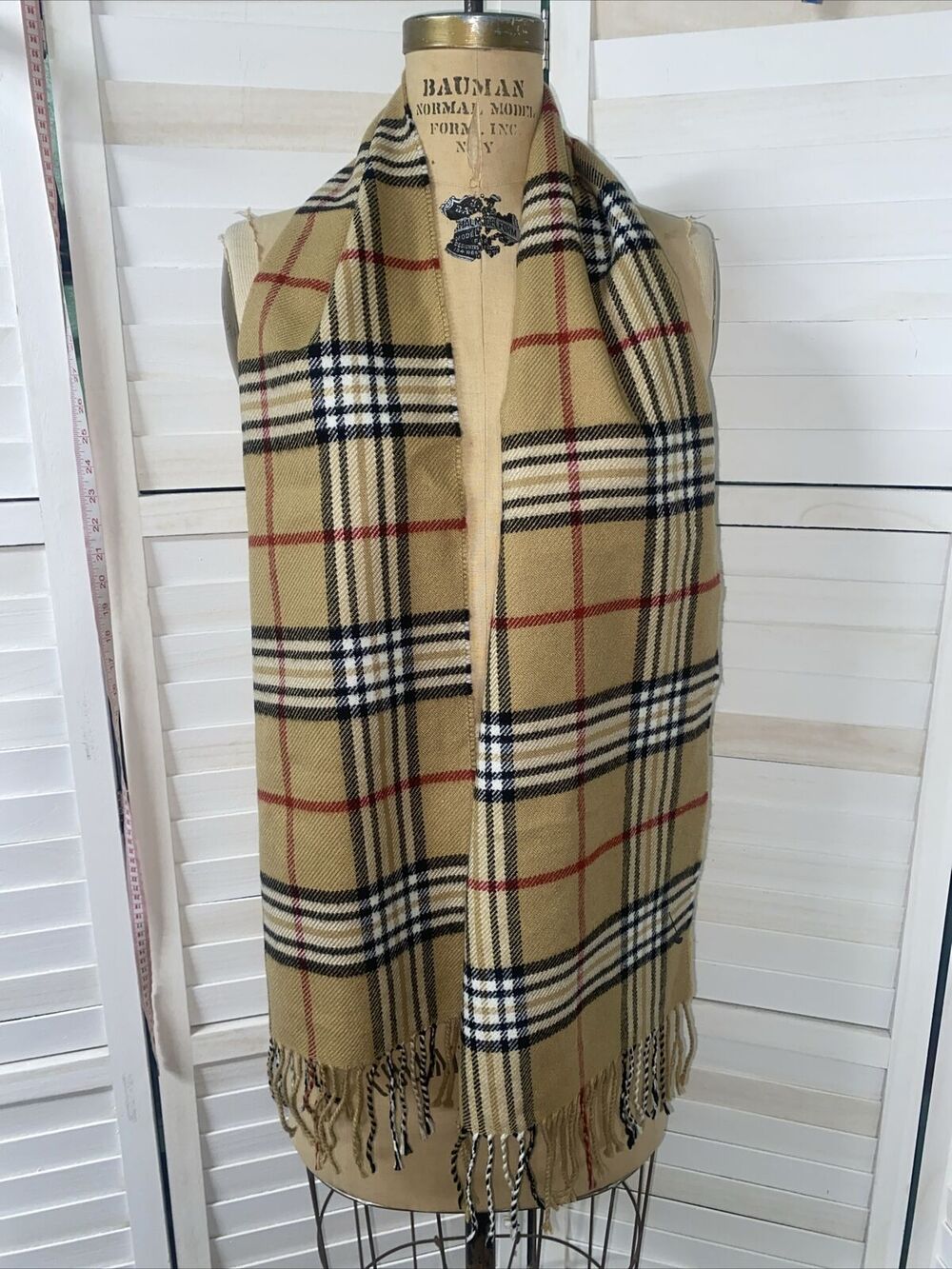 Fraas Lightweight Acrylic Plaid Scarf Cream Black White & Red Rectangular 65x11”